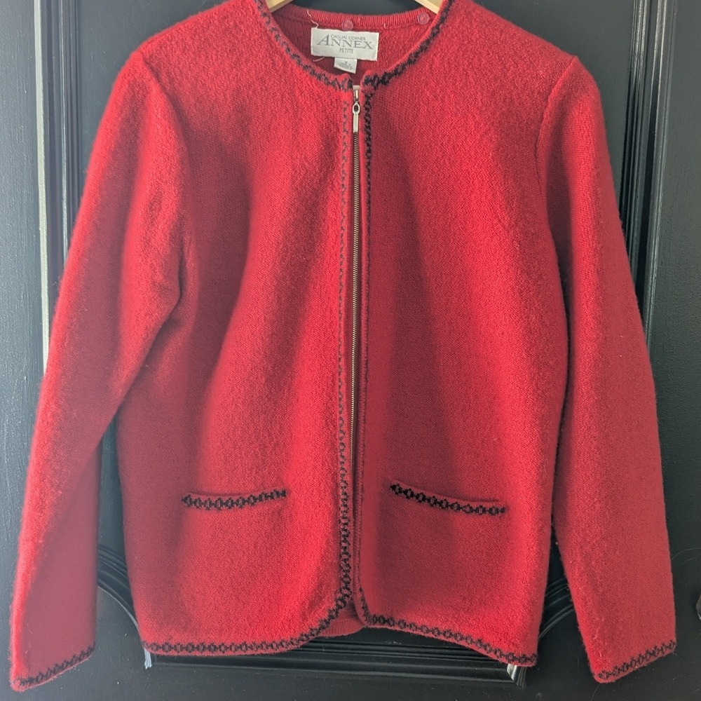 Vtg 90s Casual Corner Annex Red 100% Wool Zip Cardigan Jacket Made in Australia‎